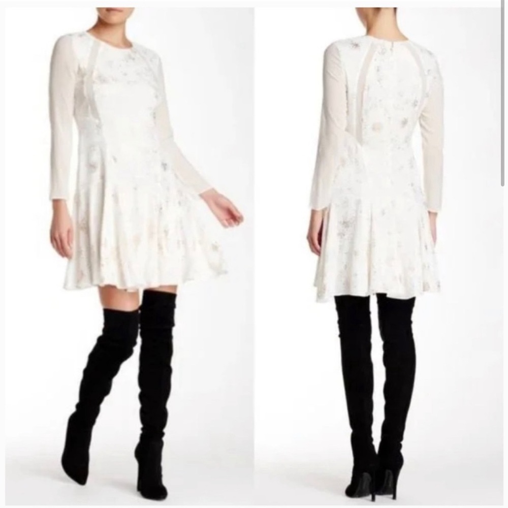 Rebecca Taylor White Gold Foil Print Silk Long Sleeve
Mini Dress